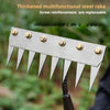 A thickened multifunctional steel rake with replaceable screw reinforcement is shown against a blurred green garden backgroun
