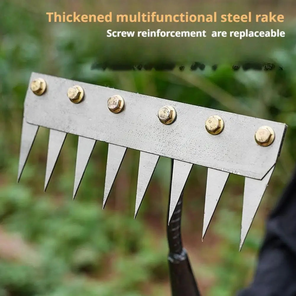 A thickened multifunctional steel rake with replaceable screw reinforcement is shown against a blurred green garden backgroun