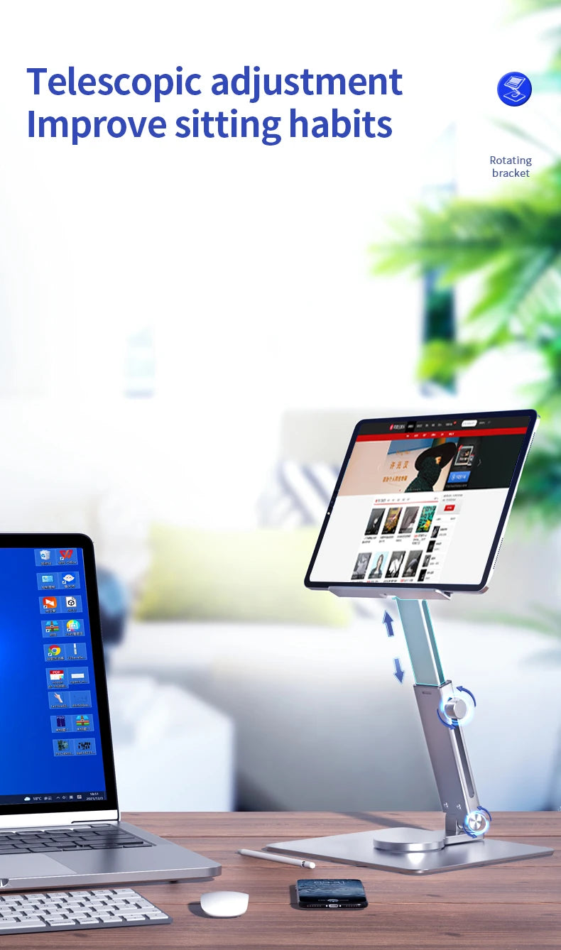 A rotating aluminum tablet stand is shown on a wooden desk, demonstrating telescopic adjustment for improved sitting habits.