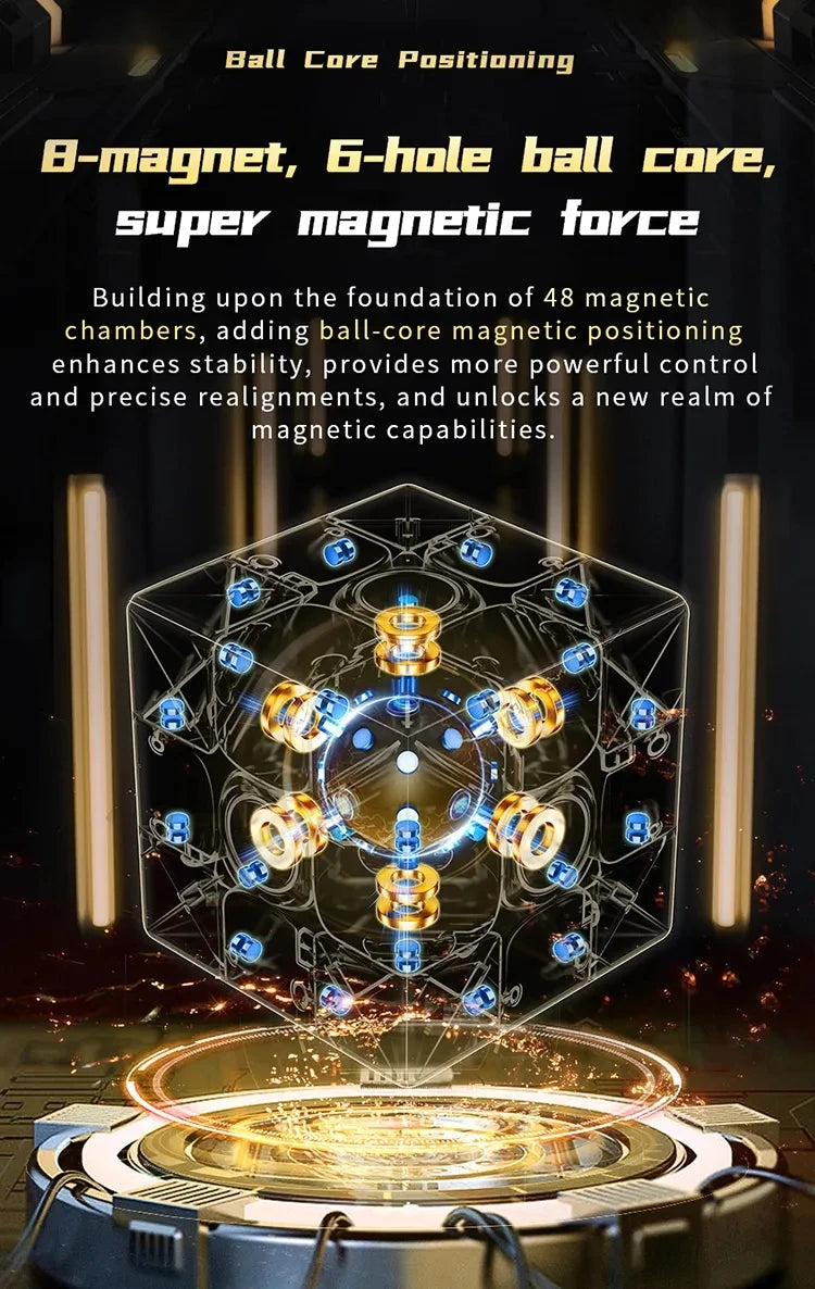 A close-up view of a magnetic ball core cube with multiple magnetic components and internal structure.