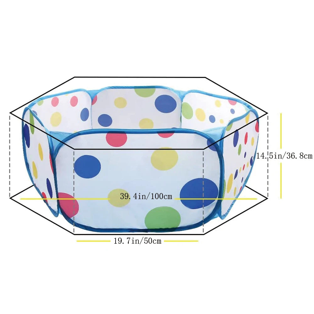 A foldable kids ball pit play tent with a storage basket, showing its dimensions and design.