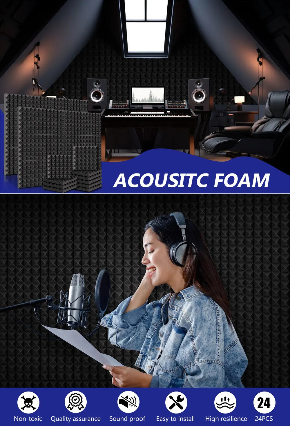 A set of black pyramid acoustic foam panels for soundproofing and recording equipment.