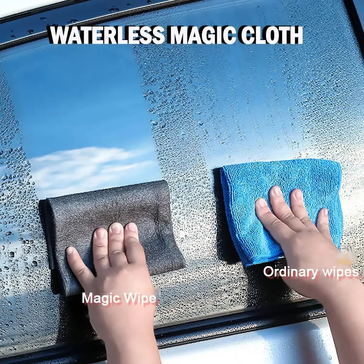 Hands are using a magic wipe to clean water spots off a glass surface.