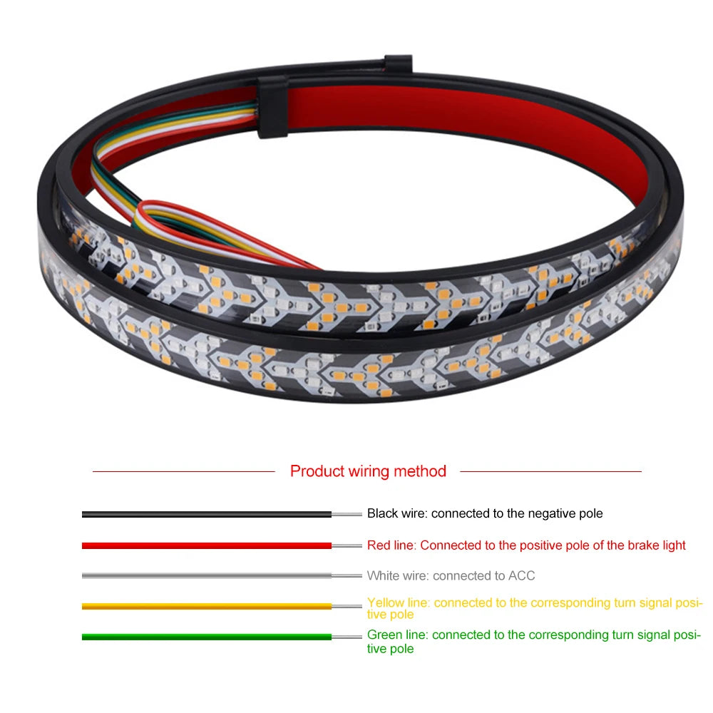 Flexible LED tailgate light bar with sequential turn signals showing wiring connections for positive and negative poles