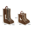 Brown storage bags for tall boots with handles, showing dimensions and interior lining.