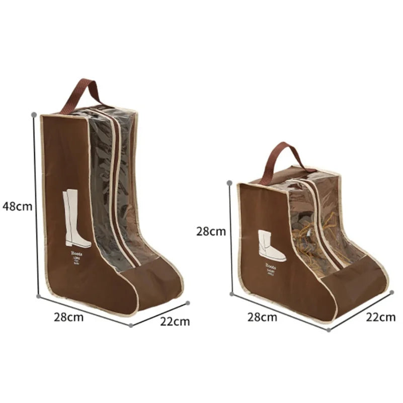 Brown storage bags for tall boots with handles, showing dimensions and interior lining.