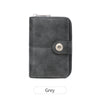 A dark grey vintage RFID blocking short wallet with a zipper closure.