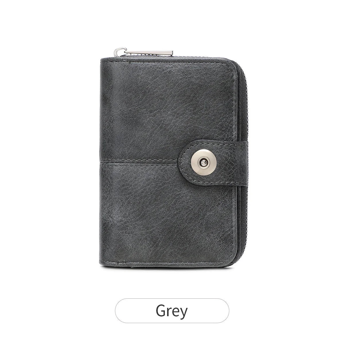 A dark grey vintage RFID blocking short wallet with a zipper closure.