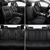 A set of five black waterproof PU leather car seat covers shown in various angles.