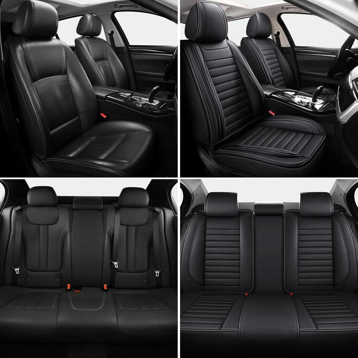 A set of five black waterproof PU leather car seat covers shown in various angles.