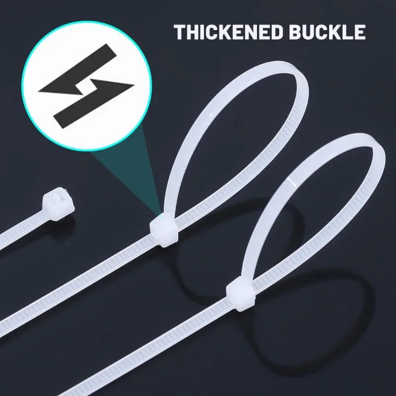 White thickened buckle nylon self-locking cable ties shown with a magnified view and product details.