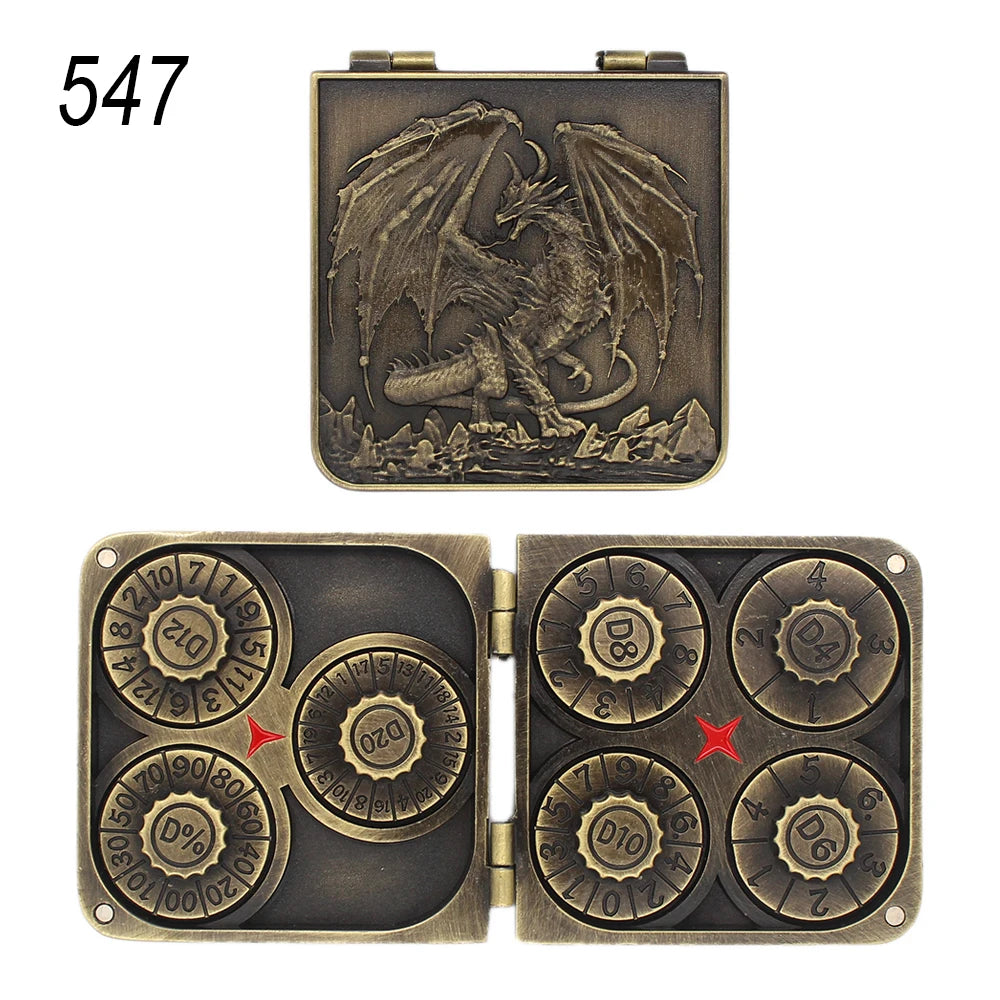 A set of five metal dice and a sixth die are shown in a hinged box with a gunmetal finish.