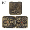 A set of five metal dice and a sixth die are shown in a hinged box with a gunmetal finish.