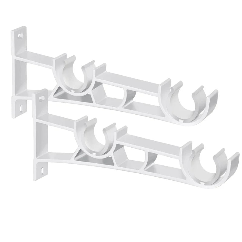 A pair of white heavy duty double curtain rod brackets for wall mounting, designed to fit 1 to 1.2 inch rods.