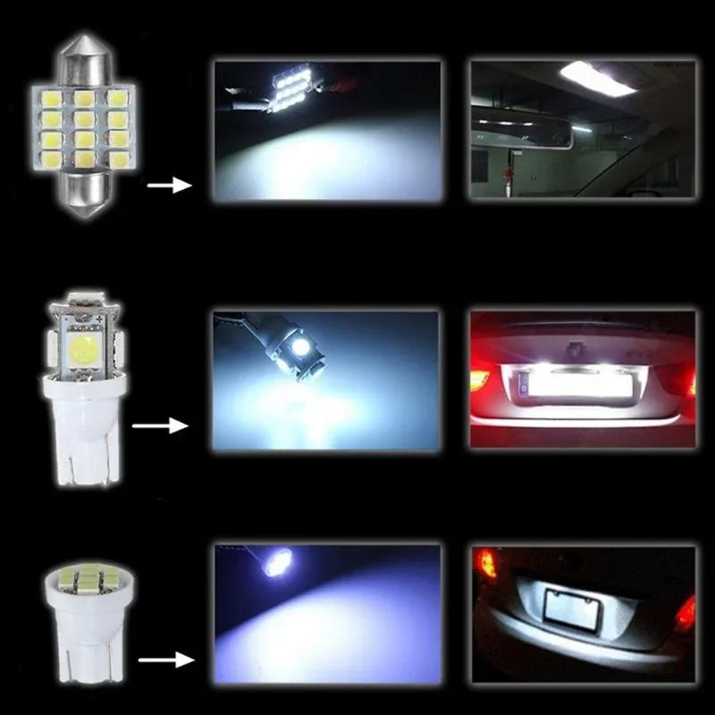 Comparison of different universal LED car interior light upgrade kits showing various illumination patterns and installations