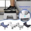 A set of ergonomic non-slip toilet squat stools in various colors and designs shown next to a person using one.