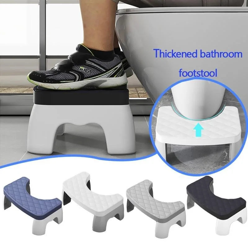 A set of ergonomic non-slip toilet squat stools in various colors and designs shown next to a person using one.