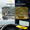 A dual-purpose anti-glare car sun visor extender and night vision goggles mounted on a vehicle dashboard.