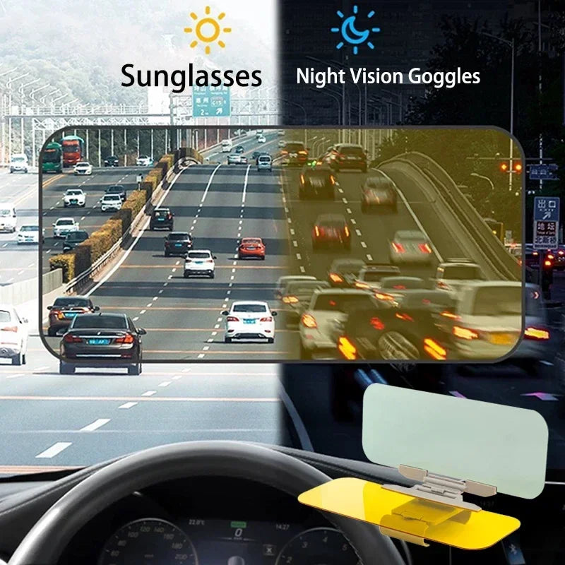 A dual-purpose anti-glare car sun visor extender and night vision goggles mounted on a vehicle dashboard.