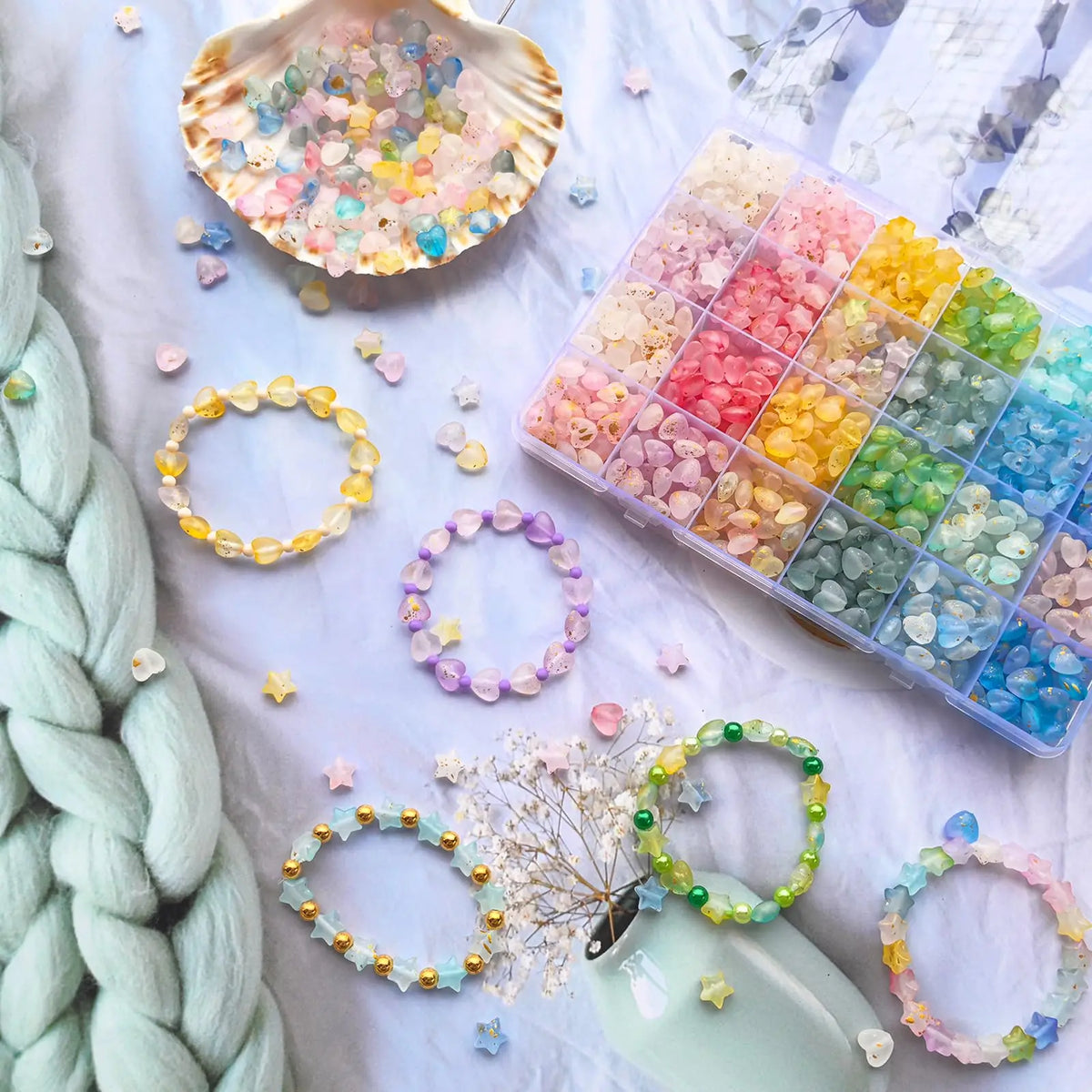 Acrylic Star & Heart Beads Set with Golden Foil Finish
