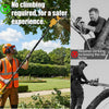 A person is using a yellow cordless pole saw with a long extension on a tree, contrasting with text about safer climbing alte