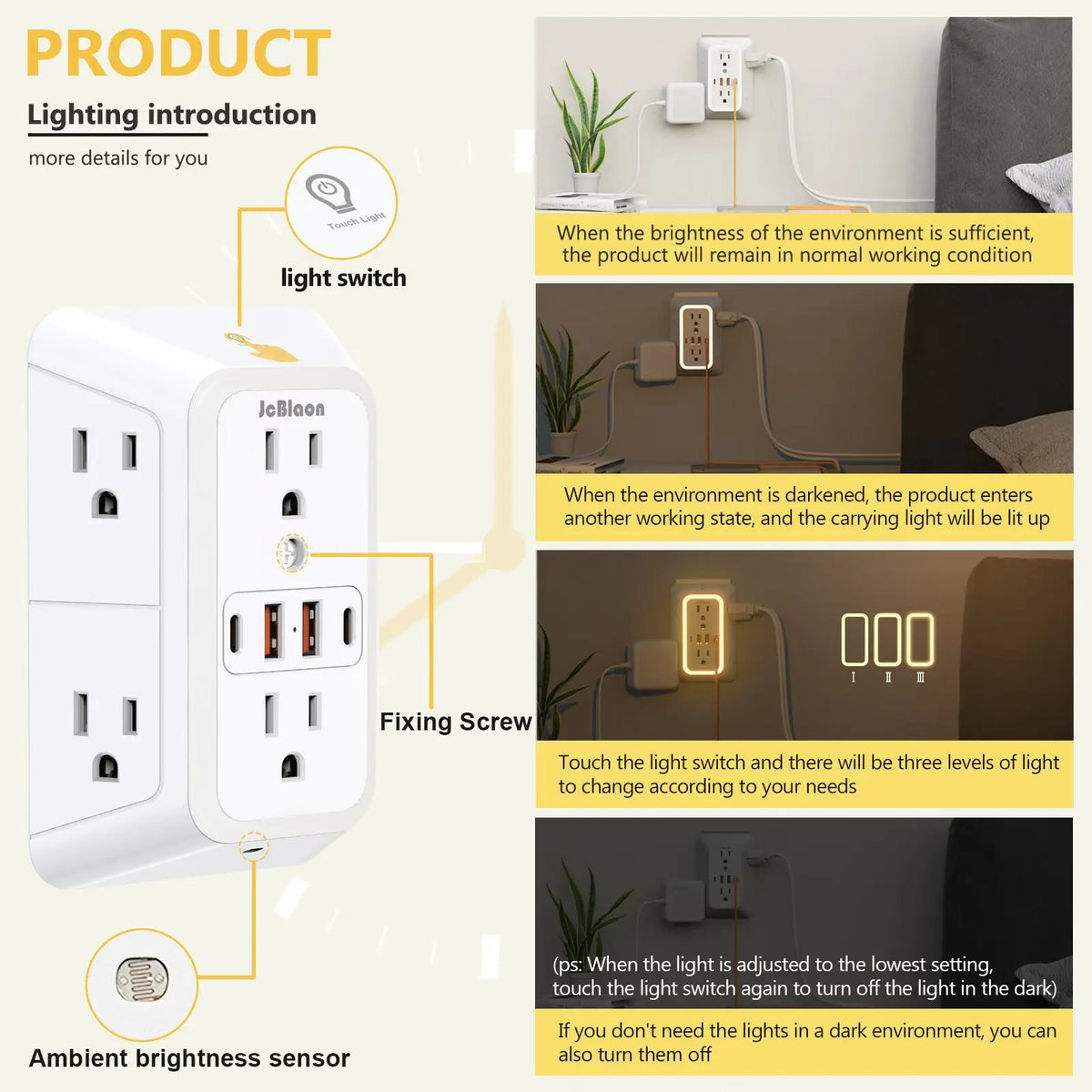 A white wall charger outlet featuring a light switch, USB ports, and an ambient brightness sensor for lighting control.