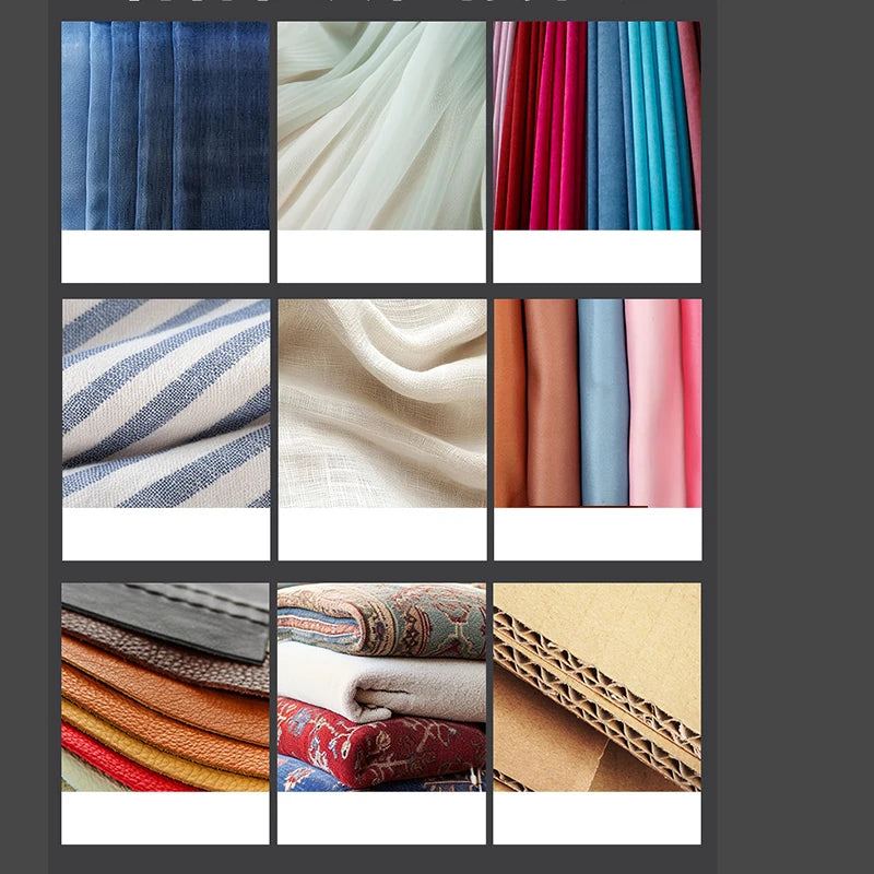 A collage of various fabric and material textures in shades of blue, pink, beige, and red.