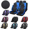A collection of black, blue, pink, red, and light blue universal honeycomb mesh car seat covers.