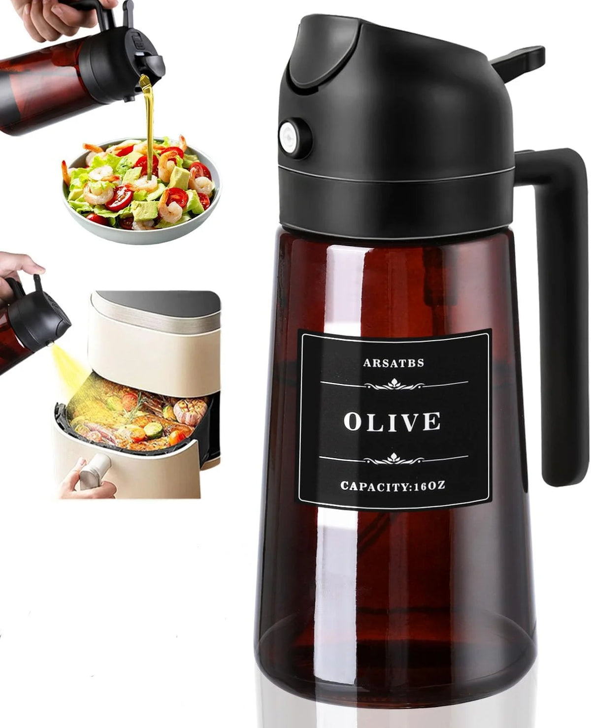 A dark glass oil dispenser with a black pump and sprayer is shown next to food being dispensed.
