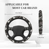 Skull design anti-slip steering wheel cover for most car brands, shown with dimensions.