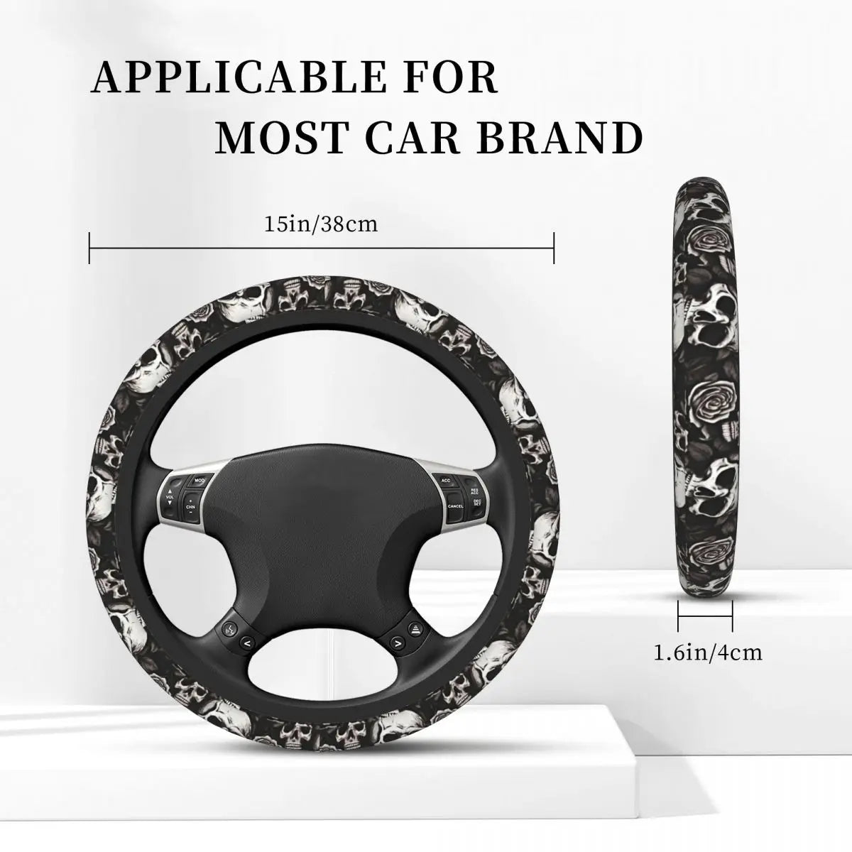 Skull design anti-slip steering wheel cover for most car brands, shown with dimensions.