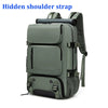 A close-up view of a gray travel backpack featuring a hidden shoulder strap and an external shoe bag pocket.