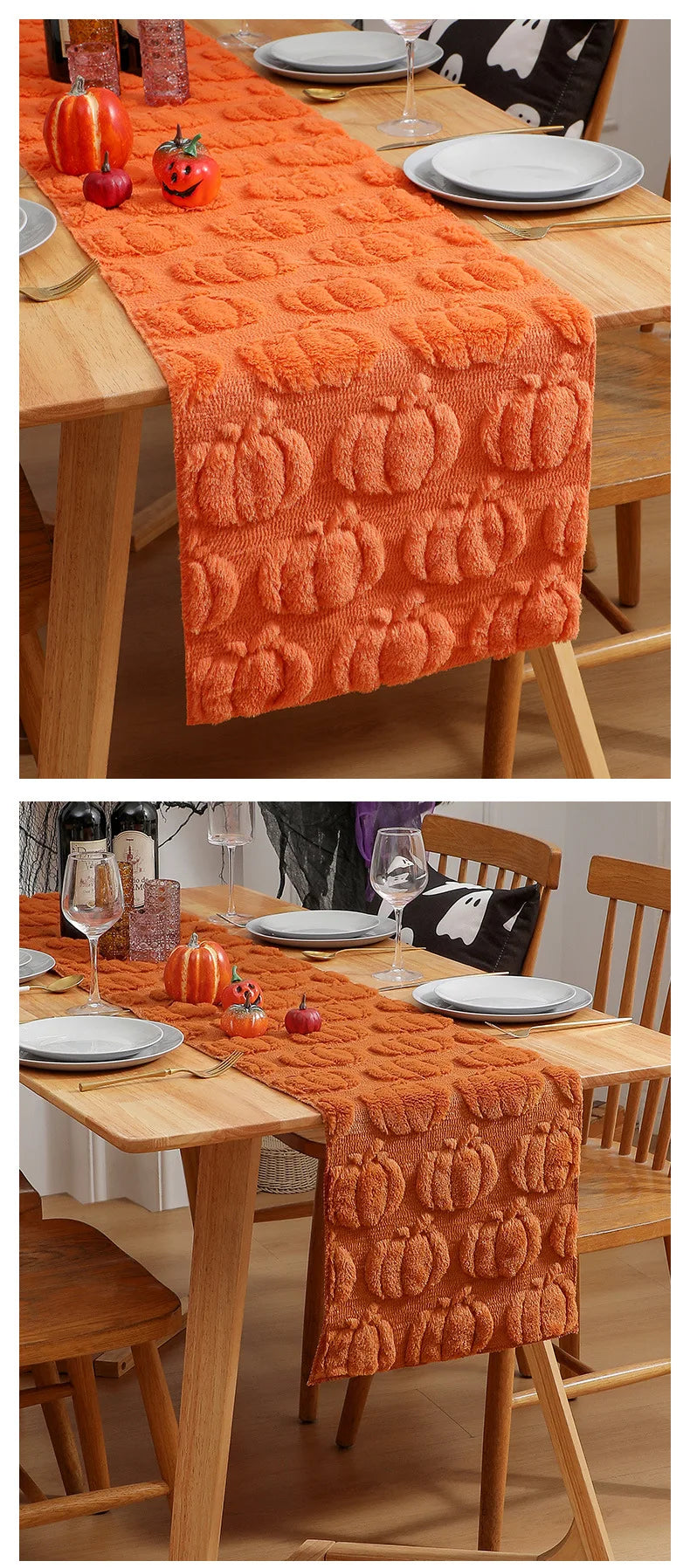 Orange textured table runner with pumpkin designs for a Halloween or Thanksgiving setting.
