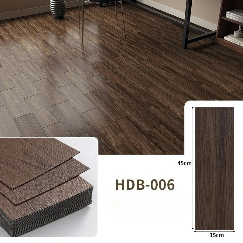 Close-up view of dark brown wood grain floor tiles and stacked wooden planks with dimensions 45cm by 15cm.