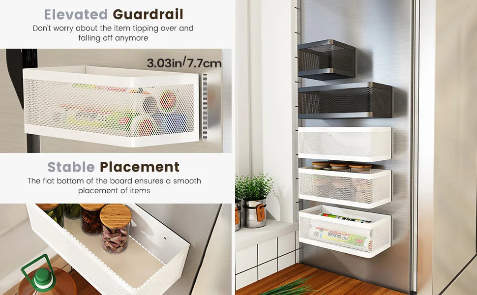 A magnetic refrigerator storage rack with an elevated guardrail and stable placement for organizing items.