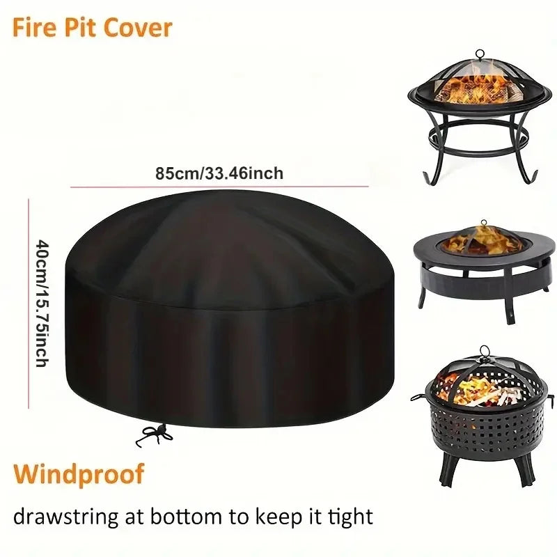 A black round fire pit cover with a lid, shown alongside an open fire pit and a woven basket for grilling.