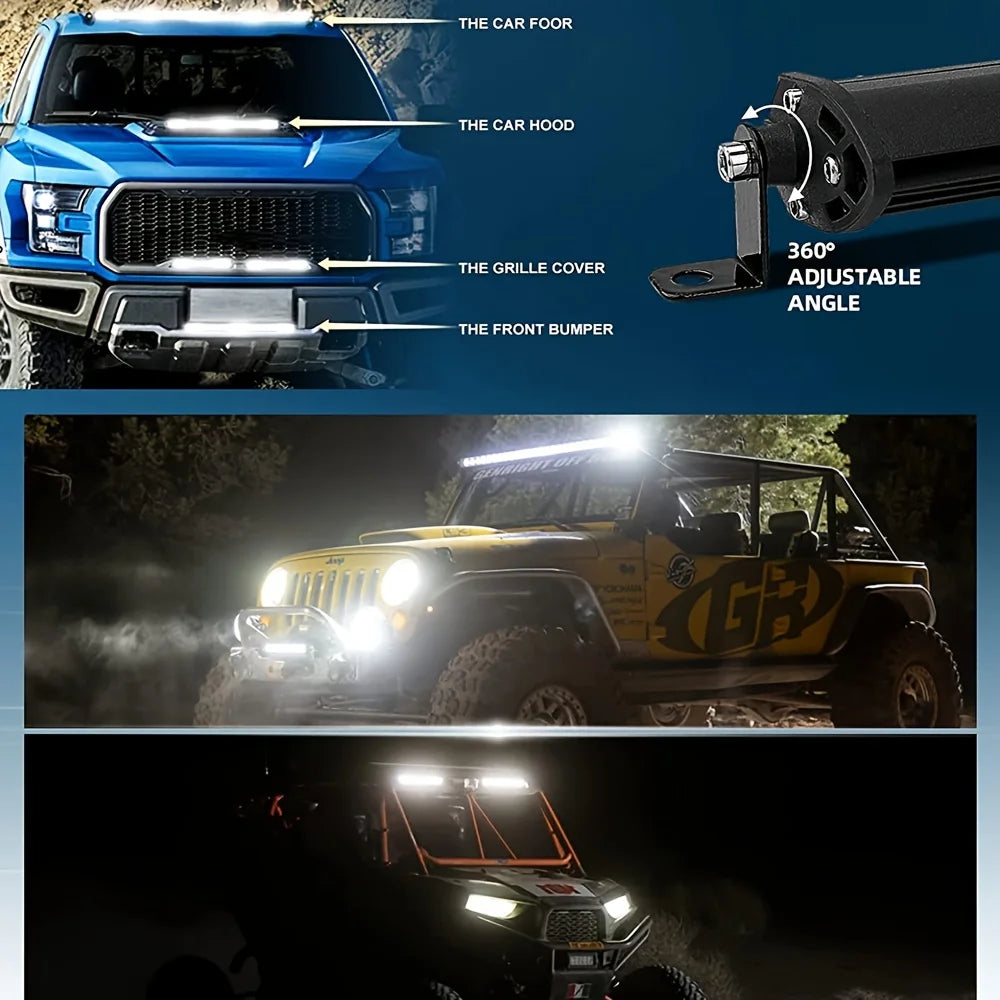 Nahaufnahme einer leistungsstarken LED-Lichtleiste, montiert auf der Front eines blauen Pickups und eines gelben Jeep-Gelände