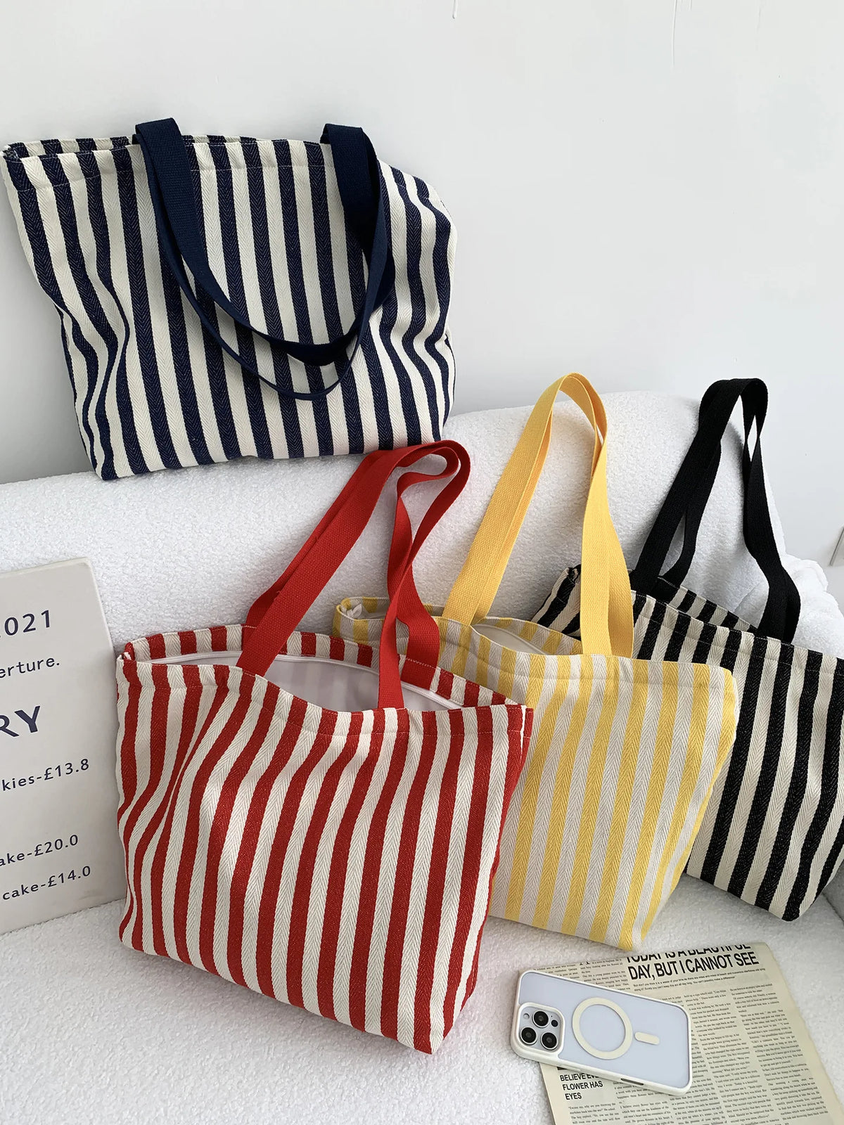 Striped Canvas Shoulder Tote Bag