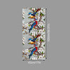 A vertical image featuring three blue and red birds perched on branches with white blossoms, set against a light gray backgro