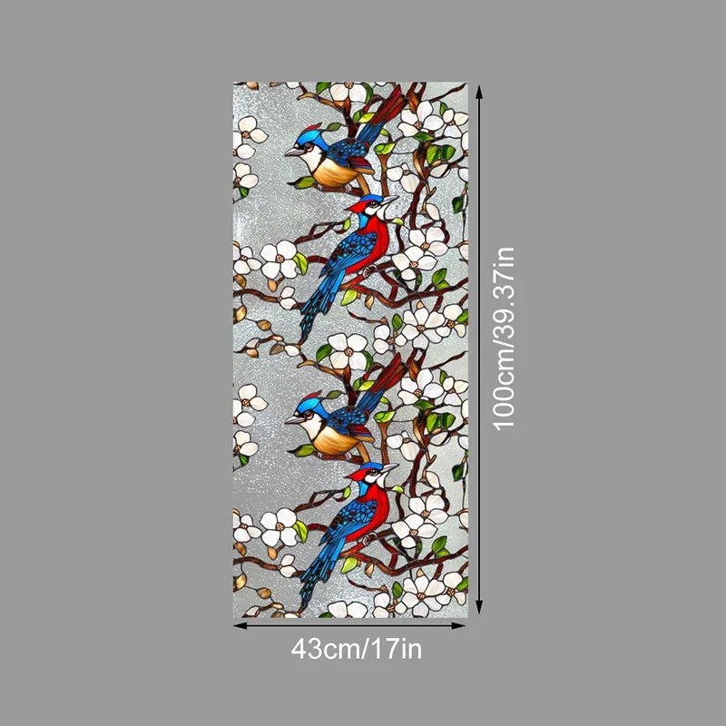 A vertical image featuring three blue and red birds perched on branches with white blossoms, set against a light gray backgro