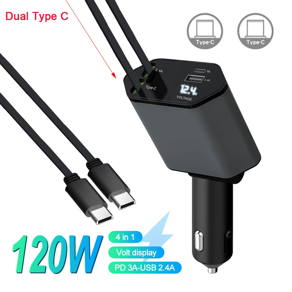 4-in-1 Car Charger with Retractable Cable and Light