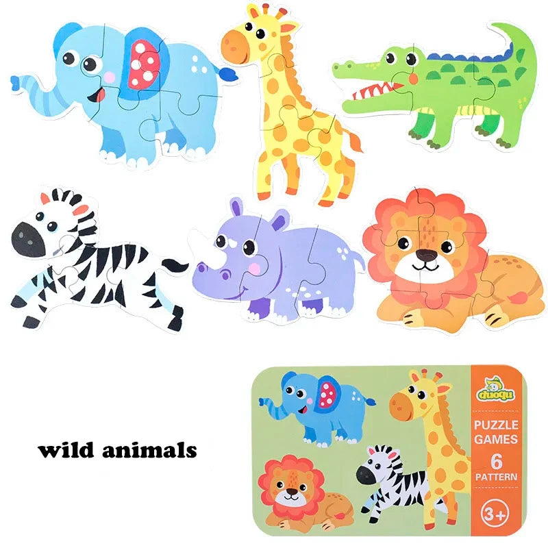 A set of wooden animal puzzles featuring an elephant, giraffe, crocodile, zebra, and lion, packaged in a storage box.