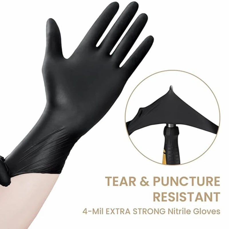 A close-up view of black 4-mil extra strong nitrile gloves shown on a hand, with an inset showing the tear and puncture resis