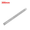 A stainless steel precision straight ruler marked in millimeters, showing a 300mm scale.