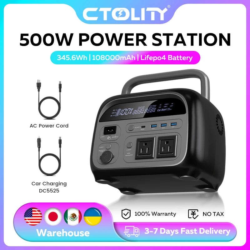 Black 500W portable power station with AC and DC charging ports and a LiFePO4 battery