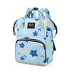 Light blue patterned backpack diaper bag with black straps and multiple pockets