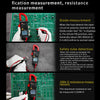 A digital clamp meter is shown measuring diode/on-off automatic identification and resistance in a circuit board.