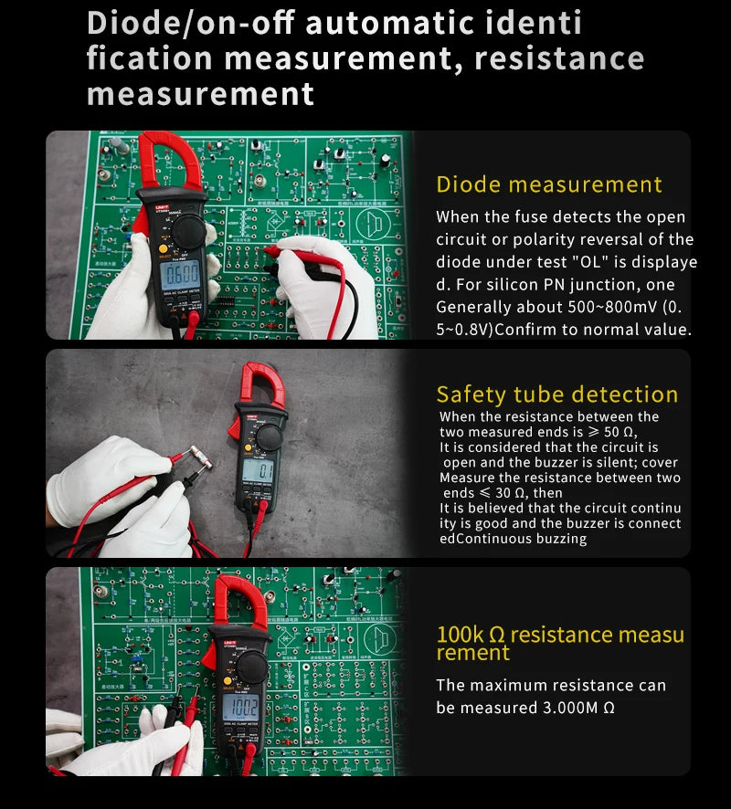 A digital clamp meter is shown measuring diode/on-off automatic identification and resistance in a circuit board.