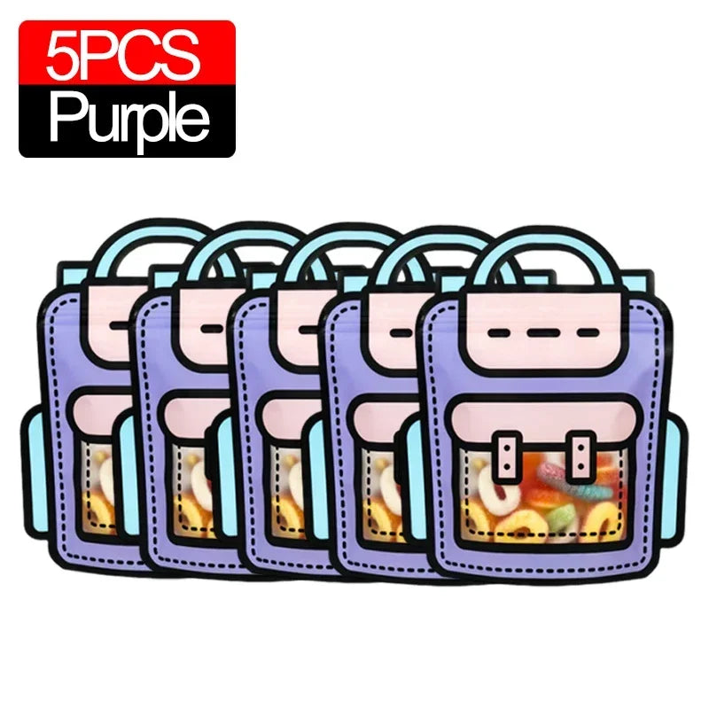 Five purple cartoon backpack goodie bags for kids party favors