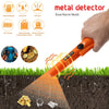 An orange handheld metal detector is shown scanning the ground for buried metal objects.